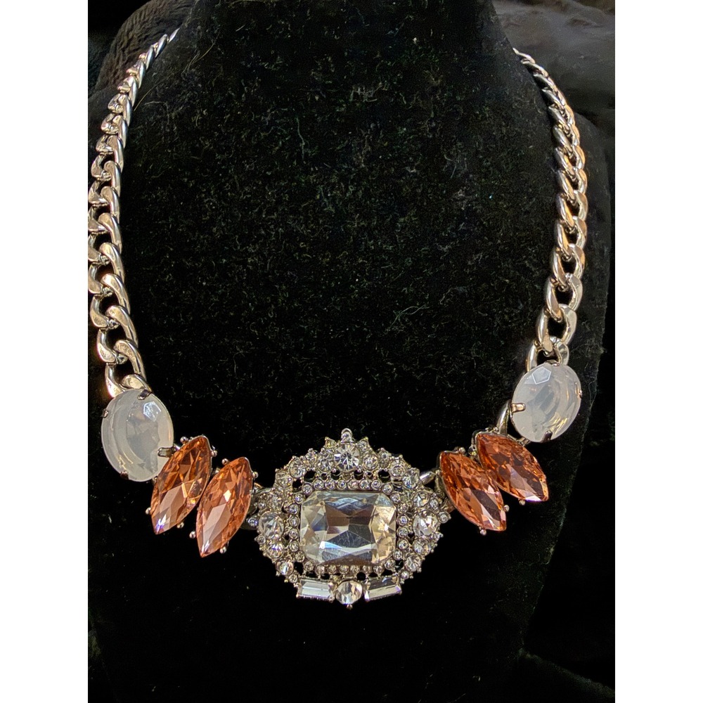Vintage Style Silver Tone Peach White Crystal Statement Curb Chain Necklace 18in